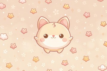 A charming pastel illustration of a cute fluffy creature surrounded by colorful flowers and delicate stars, creating a whimsical and enchanting atmosphere. Generative AI