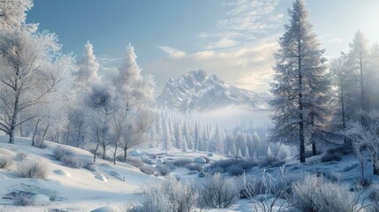 big snow covered mountain with pine trees in winter