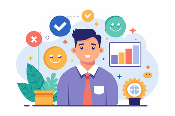 Employee satisfaction, workplace happiness or success team motivation, employee engagement or participation, feedback or company survey rating concept, business people employee with smile happy face.
