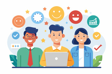 Employee satisfaction, workplace happiness or success team motivation, employee engagement or participation, feedback or company survey rating concept, business people employee with smile happy face.
