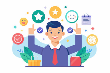Fototapeta premium Employee satisfaction, workplace happiness or success team motivation, employee engagement or participation, feedback or company survey rating concept, business people employee with smile happy face. 