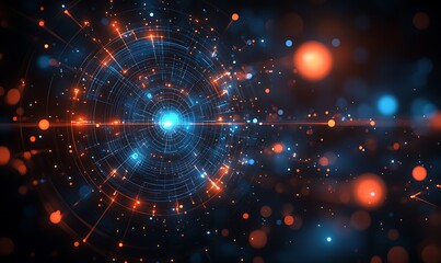  Abstract technology background with geometric circles and dots, simple vector illustration of abstract shapes in orange on a dark blue background design 