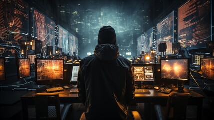 A back view of a robot hacker in a dimly lit, futuristic room, surrounded by floating screens showing hacked data and breached cybersecurity systems. 