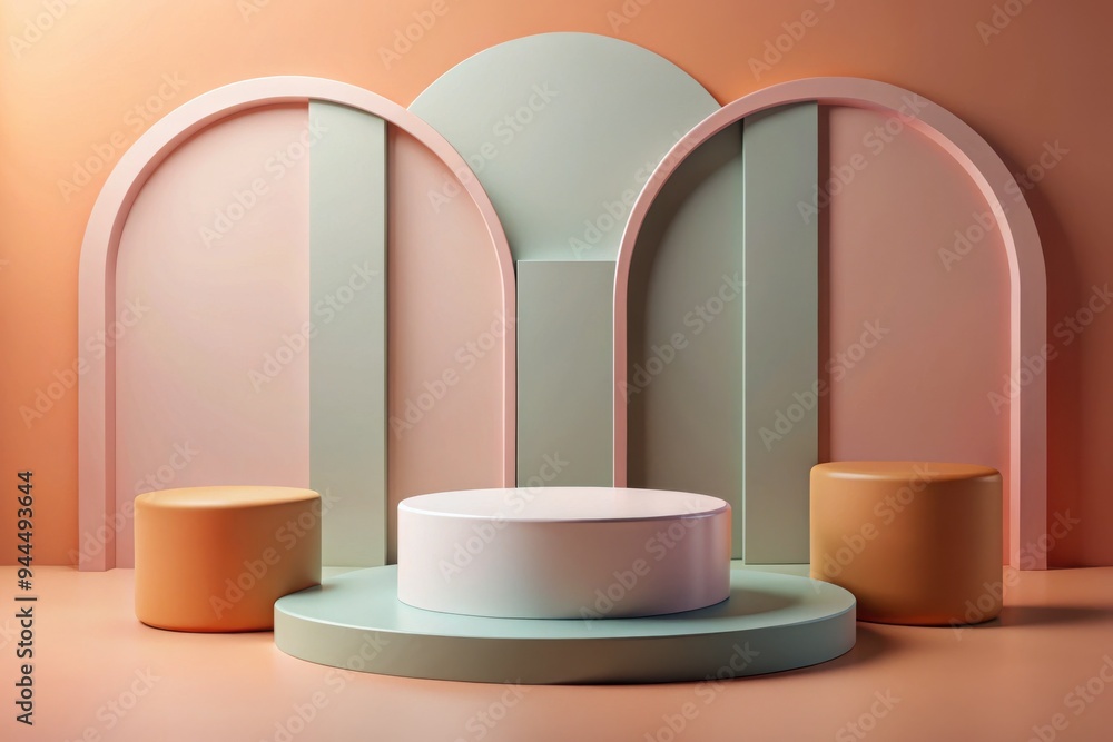 Aufkleber contemporary minimalist design featuring pastel-colored architectural elements and sculptural forms 