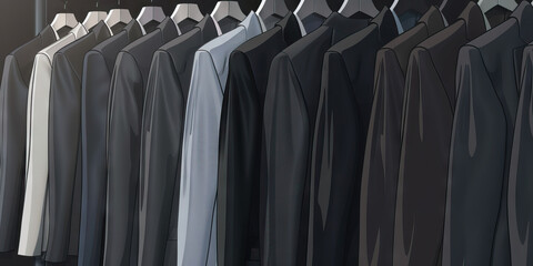 A row of sleek, shiny suits hanging in an executive's closet, each garment symbolizing the importance of appearance and professionalism in the workplace. 