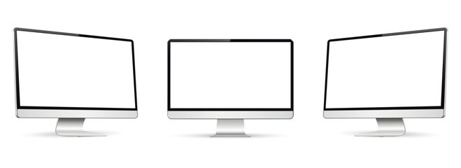 Realistic mockup computer. Screen monitor display on three sides with blank screen