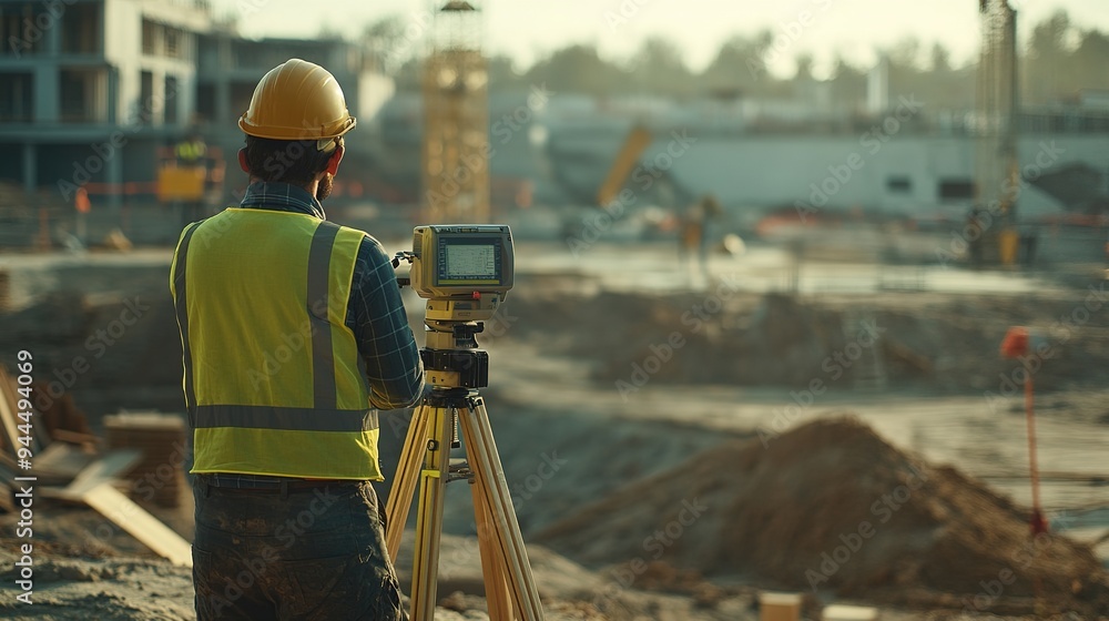 Poster a site surveyor using a total station to measure land and collect data on a construction site