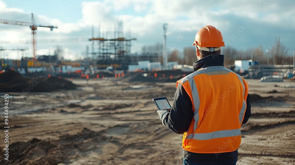 Poster a site surveyor with a gps device marking survey points on a large construction site