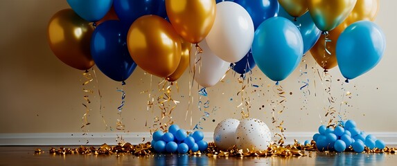 świąteczna, celebracyjna, balony, konfetti, jasnoniebieski, efekt bokeh
radosna atmosfera, metaliczne odcienie, niebieski, złoty, biały, światło, festywny nastrój, centralna pusta przestrzeń, party, c