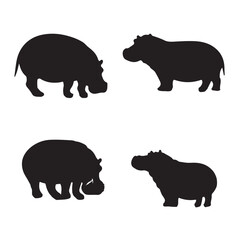 black silhouette hippopotamus vector set