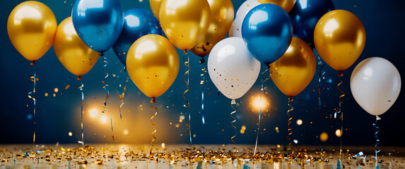 świąteczna, celebracyjna, balony, konfetti, jasnoniebieski, efekt bokeh
radosna atmosfera, metaliczne odcienie, niebieski, złoty, biały, światło, festywny nastrój, centralna pusta przestrzeń, party, c