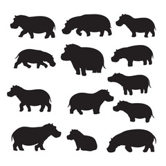 black silhouette hippopotamus vector set