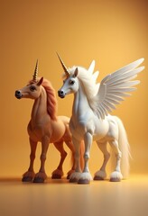 A whimsical depiction of two unicorn figurines, one with wings, set against a warm yellow background. Perfect for children's products, fantasy themes, and creative designs.