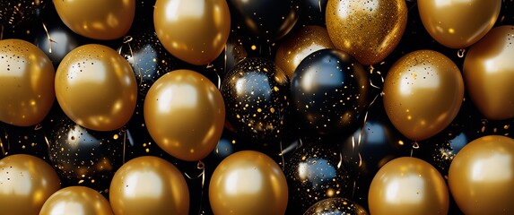 Fototapeta na wymiar Eleganckie Czarno-Złote Balony z Konfetti, Luksusowa Dekoracja Eventowa na Nowy Rok, Galę i Marketing Premium