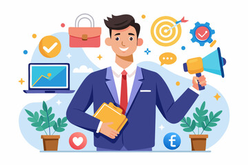 Marketing manager, online advertising, social media content or promotion campaign, customer or consumer target audience, branding communication concept, businessman holding viral marketing elements. 
