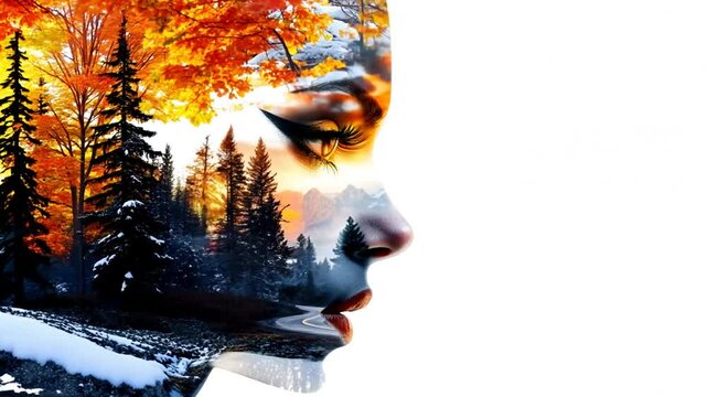 Artistic double exposure portrait combining a woman's profile with vibrant autumn trees, mountains, and winding roads, symbolizing connection between nature and emotion.