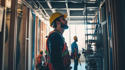 A team of builders installing low-flow plumbing fixtures and energy-efficient lighting in a LEED-certified building