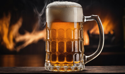 A glass of beer with a thick head of foam sits on a wooden surface in front of a fireplace