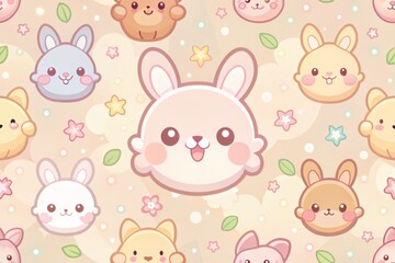 Whimsical collection of adorable bunny faces surrounded by pastel stars and leaves, creating a cheerful atmosphere perfect for children's decor. Generative AI
