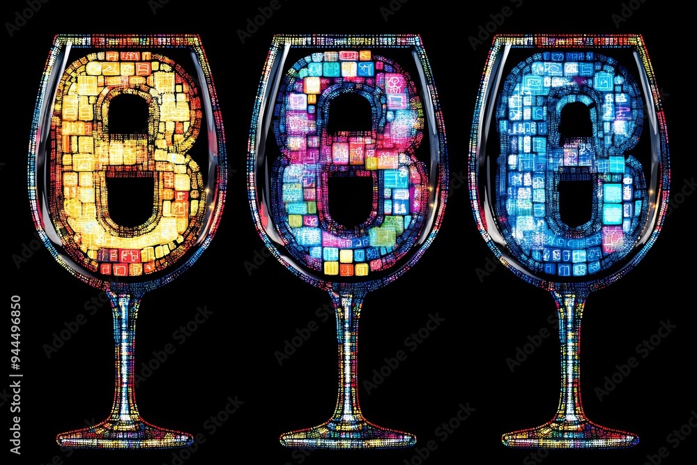 Poster three glasses filled with colorful mosaic patterns showcase the numbers 8, 6, and 8 in striking deta