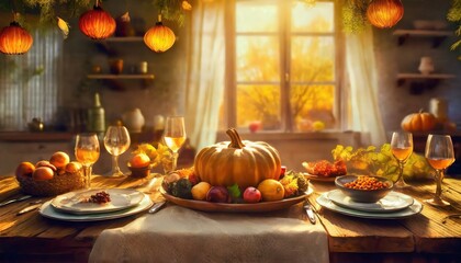 A rustic kitchen glows warmly at sunset; a Thanksgiving feast, candlelit table, rich textures, and vintage charm create an inviting, cozy atmosphere.