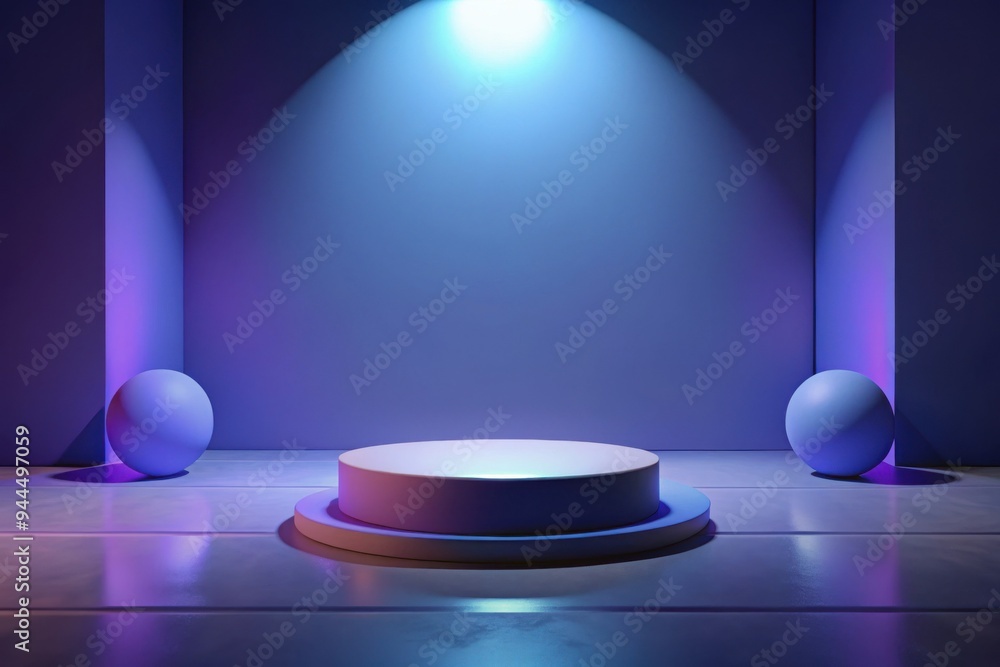 Poster a minimalist stage setup with smooth circular platform and illuminated spheres in a modern blue-tone
