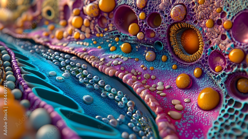 Poster Abstract 3D rendering of a colorful, organic, and textured surface with various shapes and patterns.
