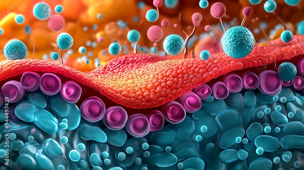 Poster a colorful, abstract 3d illustration of a textured surface with various shapes and sizes, resembling