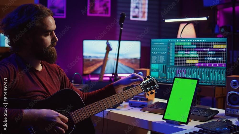 Leinwandbilder audio engineer practices tuning his acoustic guitar in home studio, watching a video tutorial online