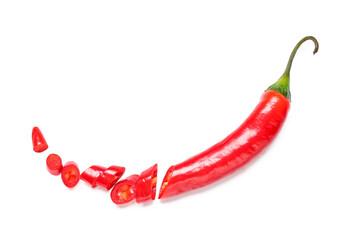 Fresh cut chili pepper on white background. Top view