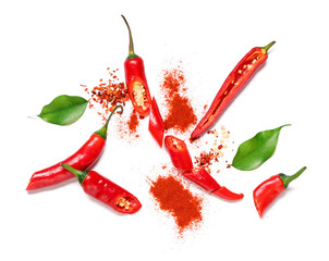 Hot cut chili pepper and ground on white background. Top view
