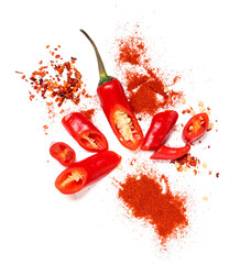 Hot cut chili pepper and ground on white background. Top view