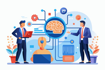 AI machine learning, neural network technology or human to work together with AI artificial intelligence, innovation technology concept, businessman connect human brain with AI chip processing unit.
