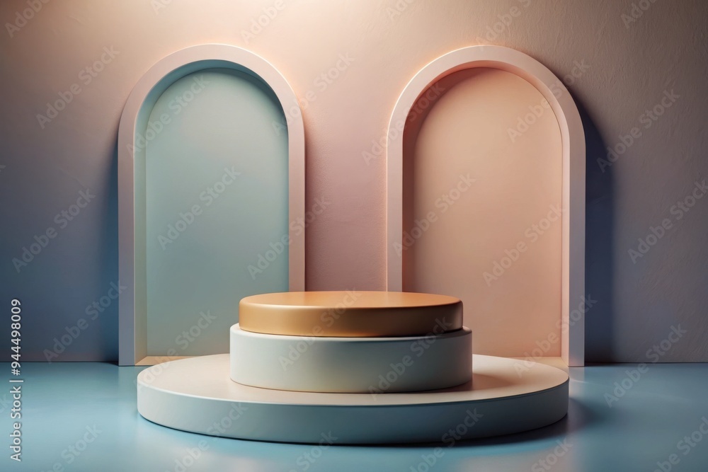 Poster a contemporary display showcasing geometric forms with pastel arches and a central pedestal illumina