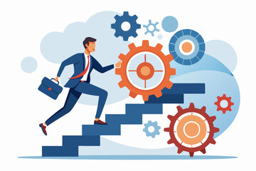 Best practices development, strategy to success or improvement, planning, progress or implementation process, efficiency or productivity concept, businessman running up stair on cogwheel gears system
