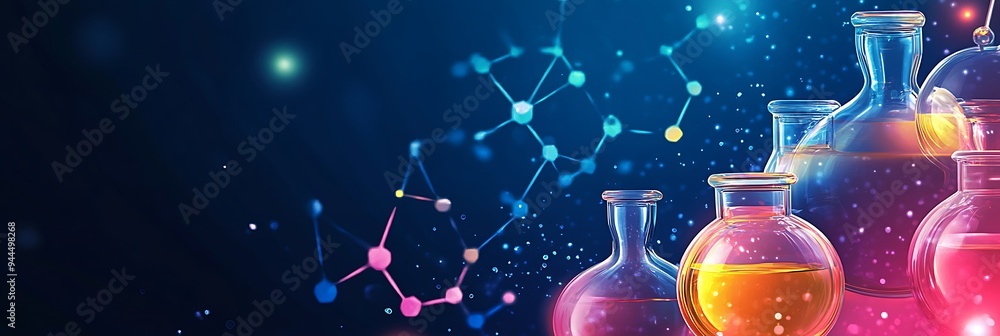 Poster a row of colorful glass beakers or flasks on a blue background with a design of glowing molecules an