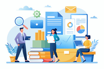 Document, content or research paper, documentation file folder storage, report or paperwork, search or file archive, office contract concept, business people working with paper document file folder.

