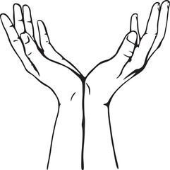 Open Palms praying, begging, offering or receiving gesture black and white illustration
