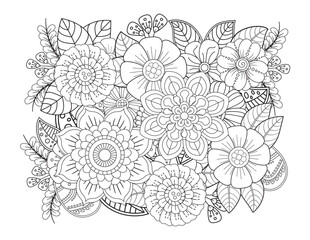  Floral picture in black and white for adult coloring books. Coloring page of monochrome flowers and leafs. Doodles pattern, Page for coloring book. Outline flowers. Doodles in black and white