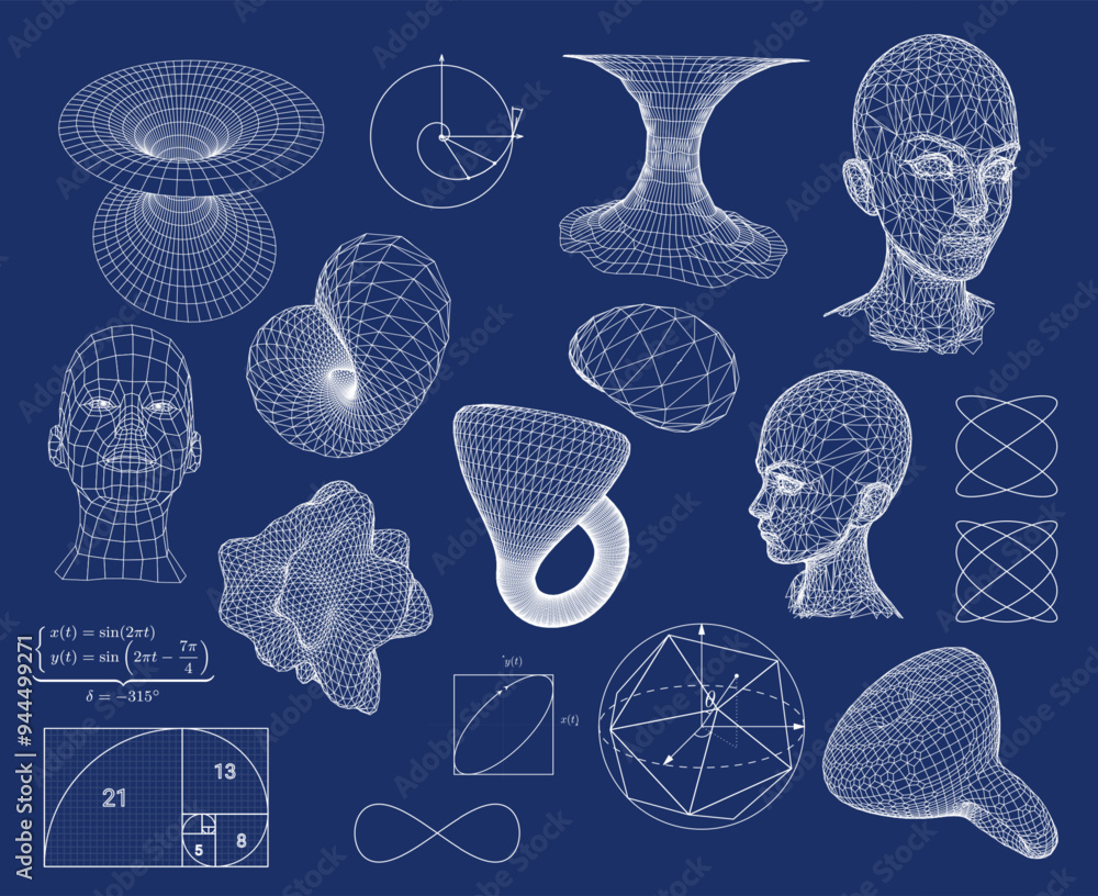 Poster Large set of 3D vector illustrations related to scientific technology, showing abstract shapes and schematic diagrams of lissagu figures, Klein bottle and other forms.