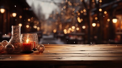 Empty wooden table with christmas theme in background
