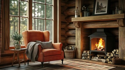 Cozy and warm rustic armchair by the fireplace, ideal for a relaxing and comfortable experience photo