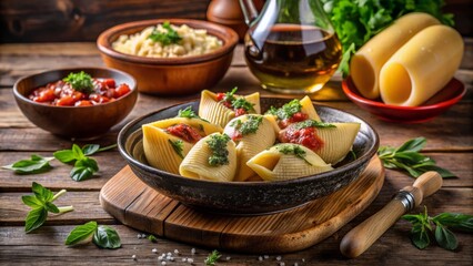  A creative still life arrangement, featuring a few scattered stuffed shells