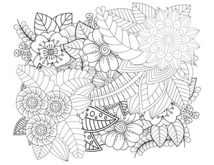 Fototapeta premium Floral picture in black and white for adult coloring books. Coloring page of monochrome flowers and leafs. Doodles pattern, Page for coloring book. Outline flowers. Doodles in black and white