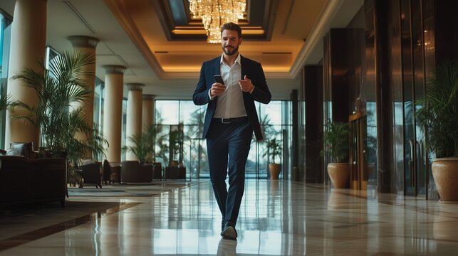 A well-dressed man walks confidently through a luxurious hotel lobby with elegant decor and bright lighting during the evening
