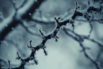 Obraz premium A branch coated in frost sparkles as soft snowflakes fall in a peaceful winter forest landscape. Generative AI