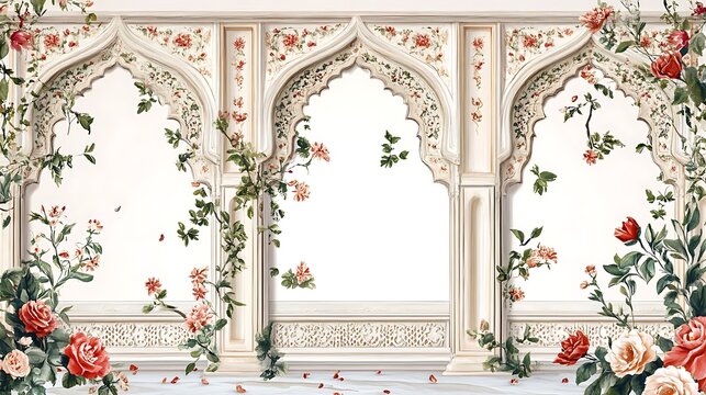 Mughal Garden illustration,Mughal Garden elements collection,Mughal Garden wedding invitation,Mughal Garden frame