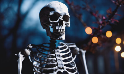 Fototapeta premium A plastic skeleton stands in front of a blue background with out-of-focus lights