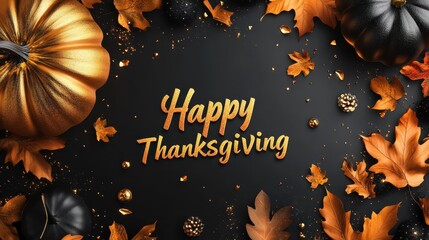 A festive Thanksgiving illustration featuring golden pumpkins, black gourds, autumn leaves, and decorative elements on a dark background during the fall season. Generative AI
