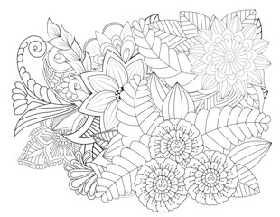  Floral picture in black and white for adult coloring books. Coloring page of monochrome flowers and leafs. Doodles pattern, Page for coloring book. Outline flowers. Doodles in black and white